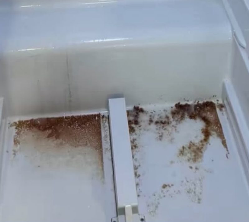 Before cleaning: a refrigerator drawer with crumbs and residue