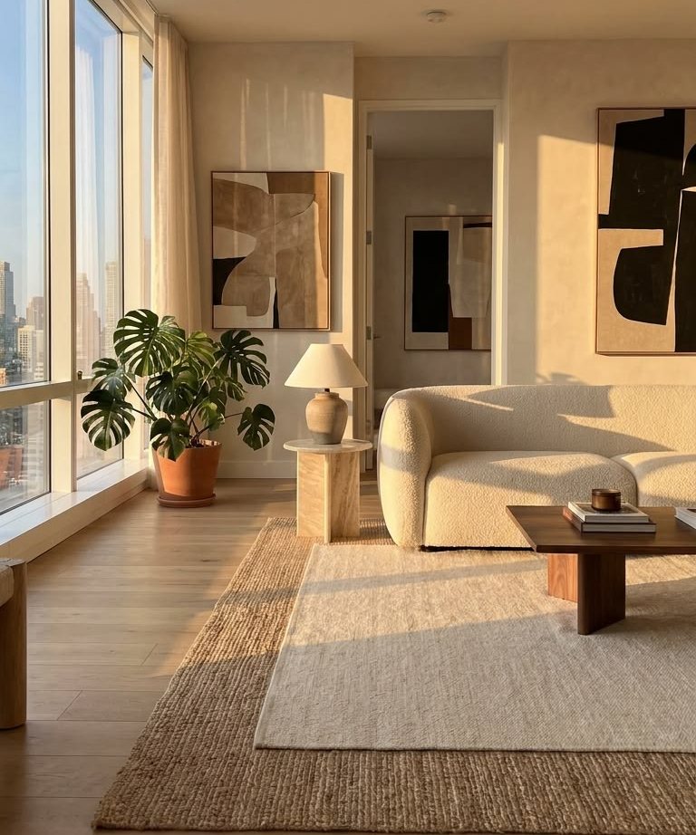 A bright, tidy living room with a cream sofa, a large plant, and sunlight from tall windows